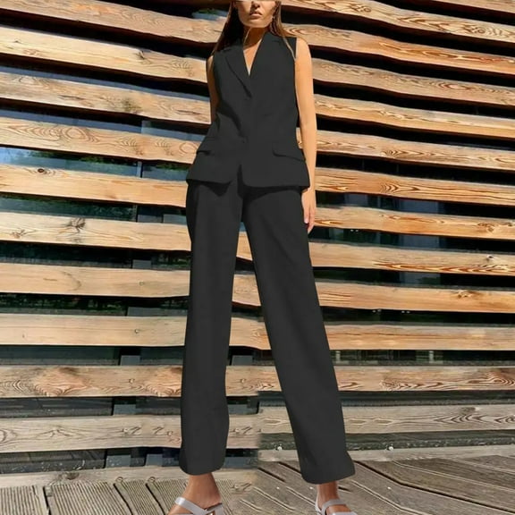 Xdegoge Suit Sets Women 2 Piece Outfits Plus Size Sleeveless V-Neck Button Down Blazer Vest Trendy High Waist Wide Leg Trousers Cozy Dress Pants Breathable formal Matching Clothes Fit Business Casual