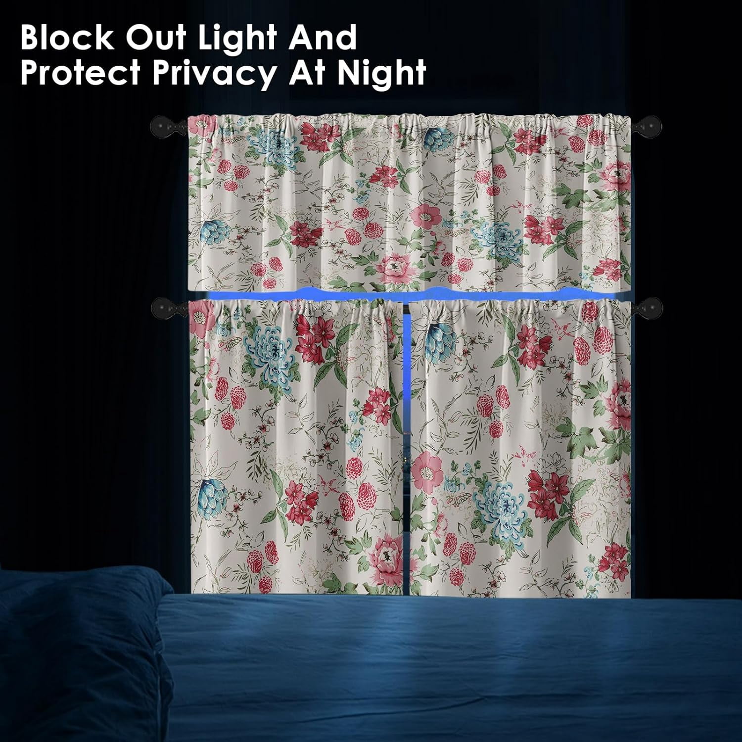 Vintage Floral Kitchen Curtains Farmhouse Window Curtains Valance and Tier Set 36 Inch, Blue Pink Spring Flowers Rod Pocket Short Tier Curtain, Abstract Small Cafe Curtains for Kitchen Decor