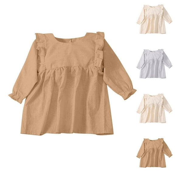 QNANSPI Girls Fall Dresses,Long Sleeve T-shirt Dress for Toddler,Crew Neck Solid Color Linen Dress for Kids 2-8 Years Girls Long Sleeve Dress Casual Sweet Versatile Fall Outfit