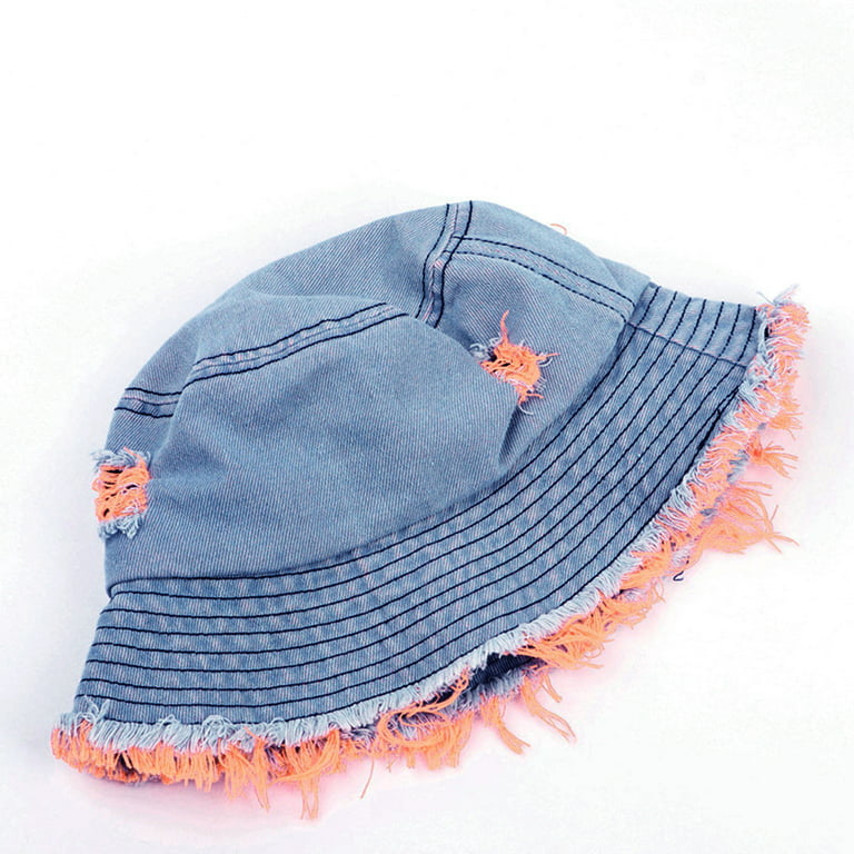 Vestitiy Unisex Fishing Hat UPF 50+ Aldult Bucket Hats Jean Washed Denim  Hole Teens Women Frayed Ripped Vintage Fisherman Cap Packable Outdoor Sun