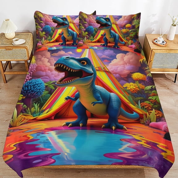 Dinosaur 3D Pattern Duvet Cover 3pcs Set Themed Multicolor Polyester Bedding Set for Bedroom Decoration Twin