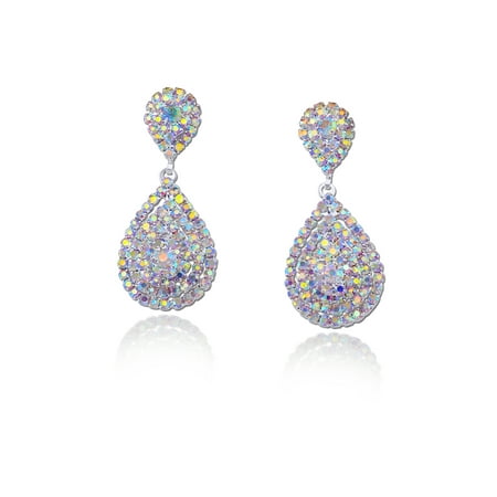 Dangling Wedding Earrings - Wedding Earrings Silver Aurora Borealis Rhinestone Teardrop Formation Dangle Earrings