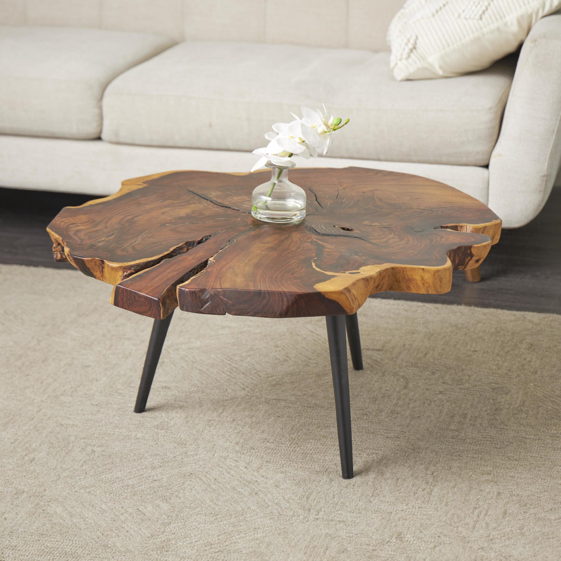 DecMode 32" x 16" Brown Wood Handmade Live Edge Top Coffee Table with Black Metal Tripod Legs, 1-Piece