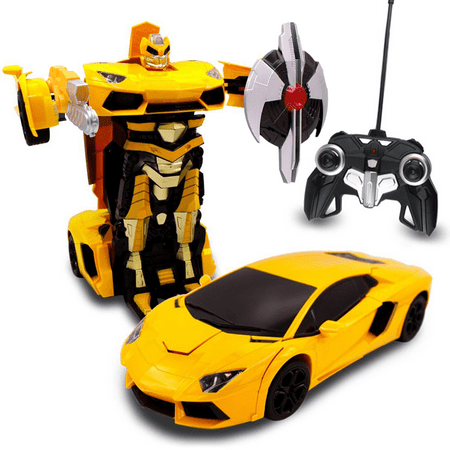 Twin Engine Rc Airplane - Transformania Toys Kids Bull RC Toy Car Transforming Robot Remote Control One Button Transformation Realistic Engine Sounds 360 Speed Drifting Weapon Included Toys For Boys 1:14 Scale (Yellow)