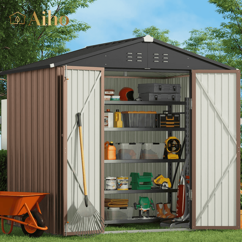 8' x 6' Outdoor Storage Shed on Sale, Aiho Shed & Outdoor Storage Clearance, Metal Storage Shed for Outside, Backyard, Garden & Patio - Light Brown