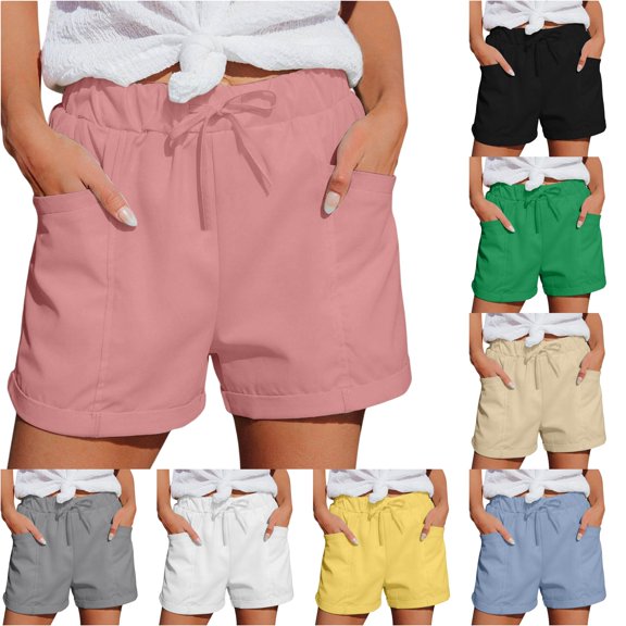 Afdoent Shorts For Women Straight Leg Fashion Casual Shorts With Pockets Elastic Waist Sports Loose Summer Vacation Outfit