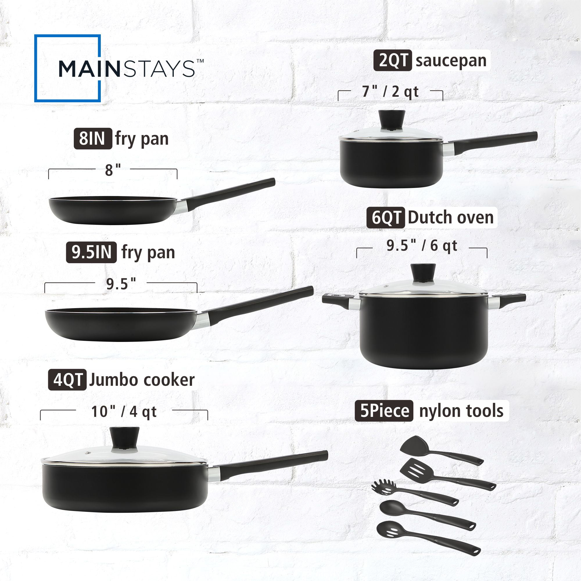Mainstays 13 Piece Nonstick Aluminum Alloy, Pots and pans Cookware Set, Black