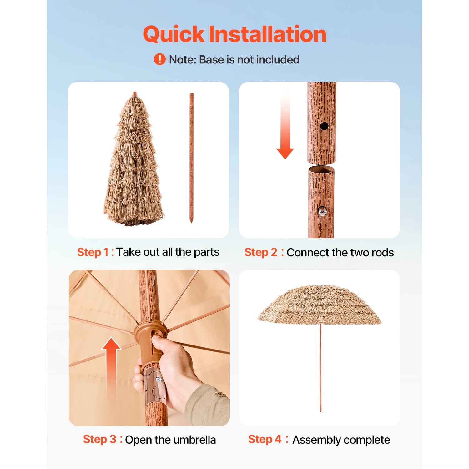 KFFKFF 8 ft Thatched Patio Umbrella with Tilt, Hawaiian Style Beach Parasol Featuring Durable PP Thatch and 8 Metal Ribs, Ideal for Beach, Patio, Poolside, Backyard, and Garden
