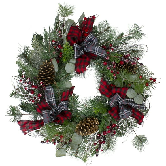 Northlight Dual Plaid and Berries Artificial Christmas Wreath - 24" - Unlit