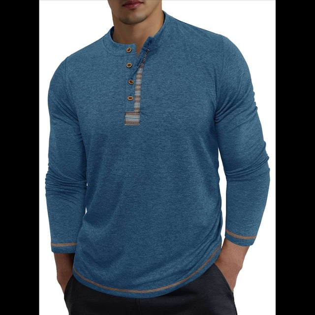 Camisetas Henley para Hombre, Larga Raglán, Informales, Ajustadas, Ligeras, de Moda. Azul XXL
