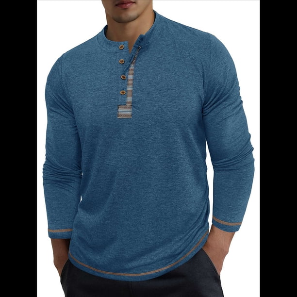 Camisetas Henley para Hombre, Larga Raglán, Informales, Ajustadas, Ligeras, de Moda. Azul L