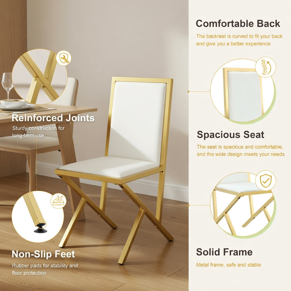 Hommoo 4-Pack Modern PU Leather Dining Chairs with Metal Legs, Ergonomic Design, Easy Assembly & Adjustable Non-Slip Feet, White & Gold