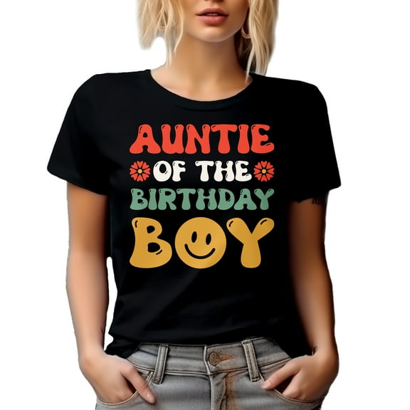 Aunt of the Birthday Boy, Groovy Text, B-day of Nephew, Black T-Shirt, Small