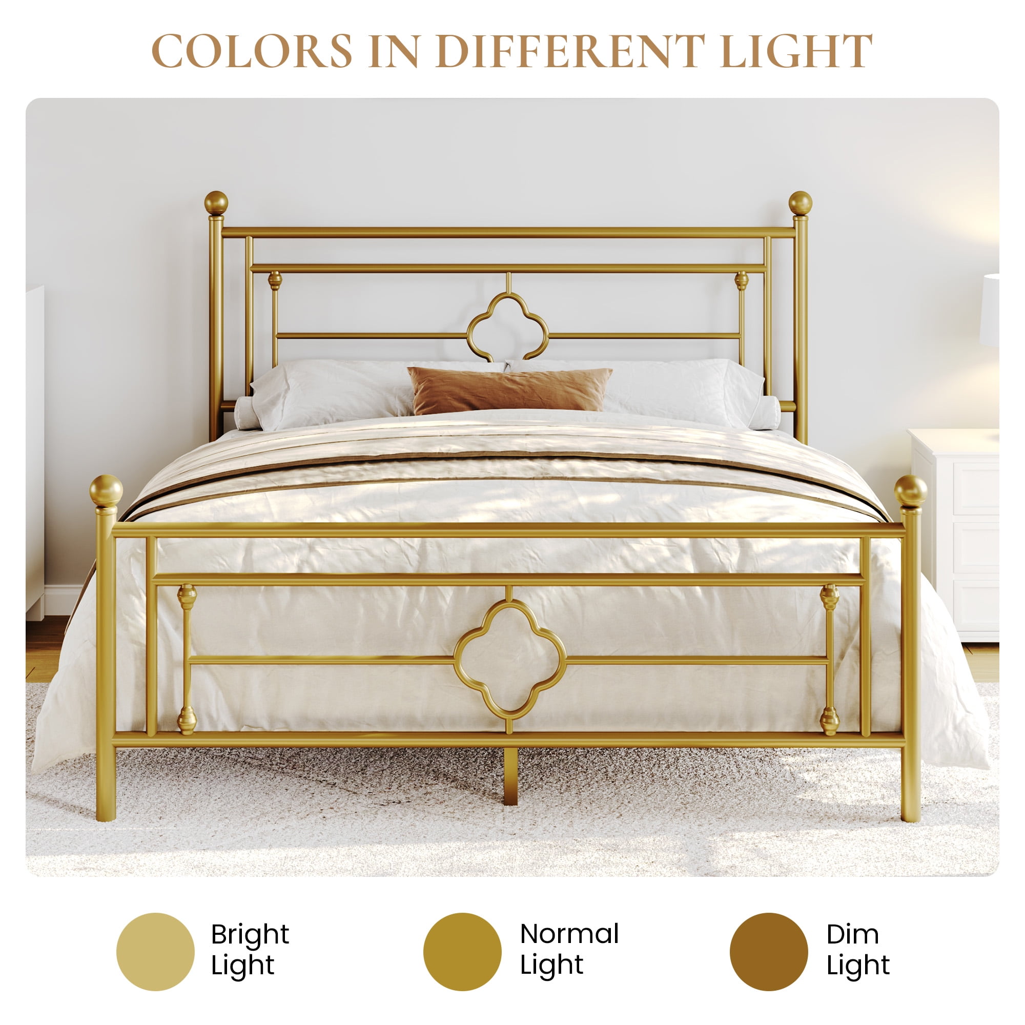 Sha Cerlin Gold Queen Size Metal Platform Bed Frame with Victorian Vintage Headboard