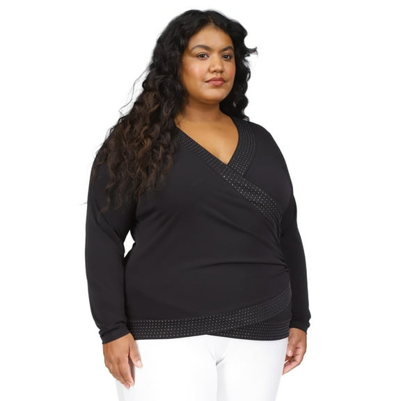 Michael Kors Womens Rhinestone Trim Knit Blouse, Black, Plus Size, 0X