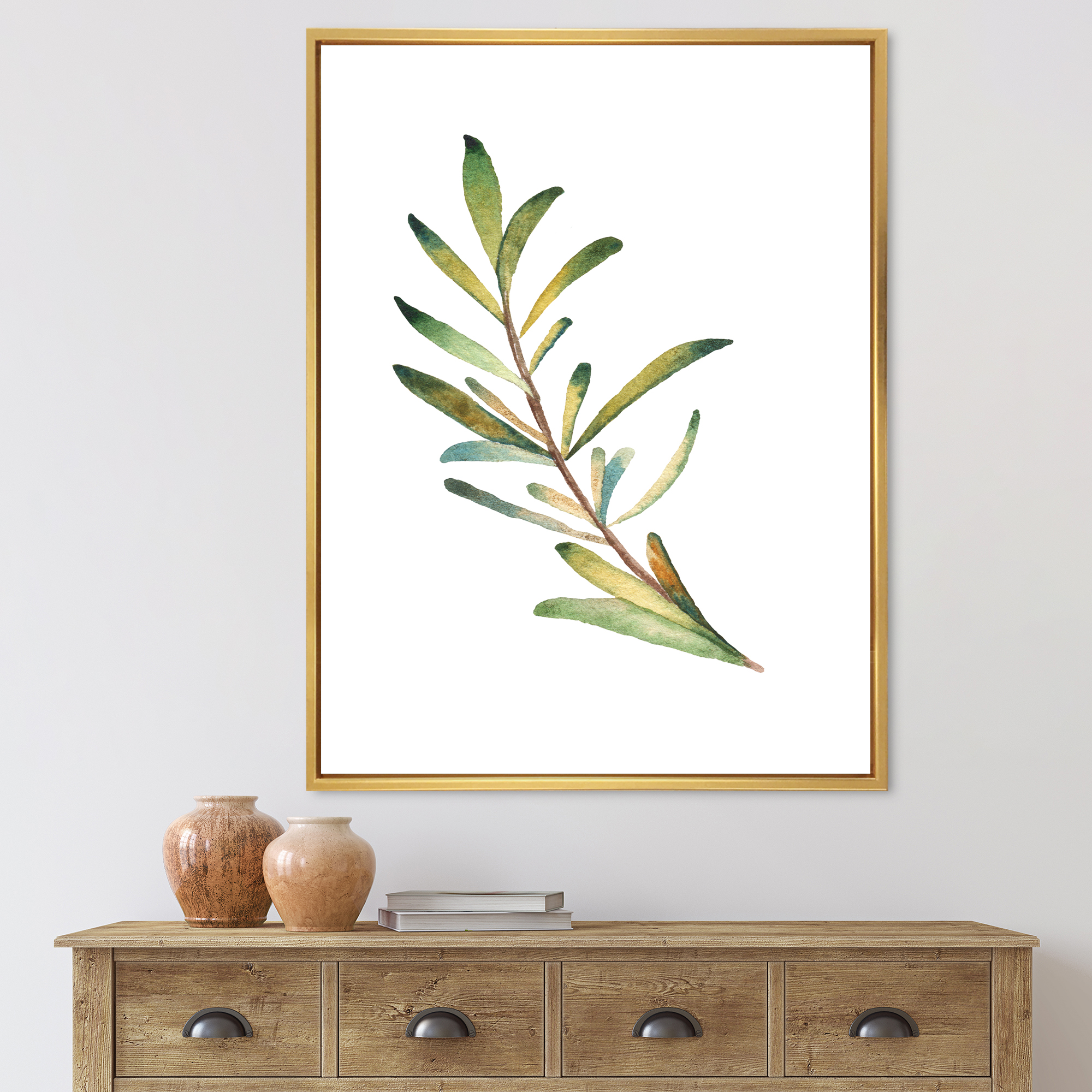 Leaf Rosemary Branch on White 16 in x 32 in Framed Painting Canvas Art Print, by Designart
