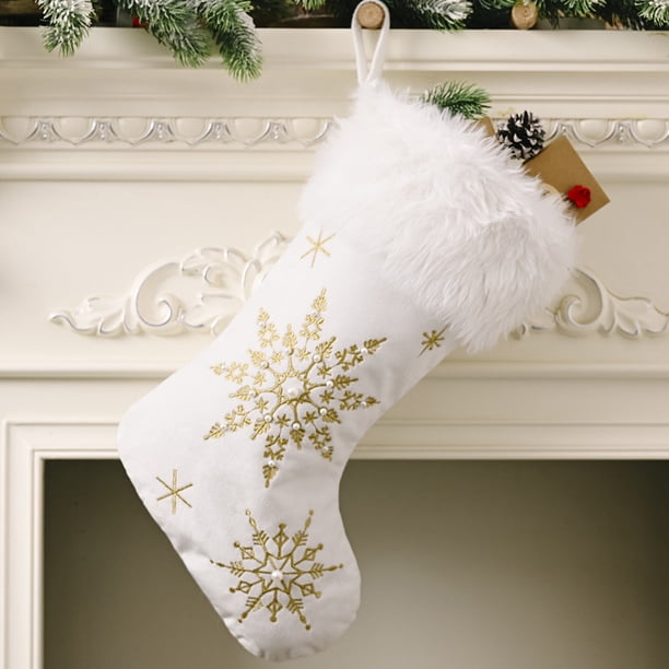 Adornos navideños con colgante de copo de nieve dorado/plateado, calcetín blanco grande
