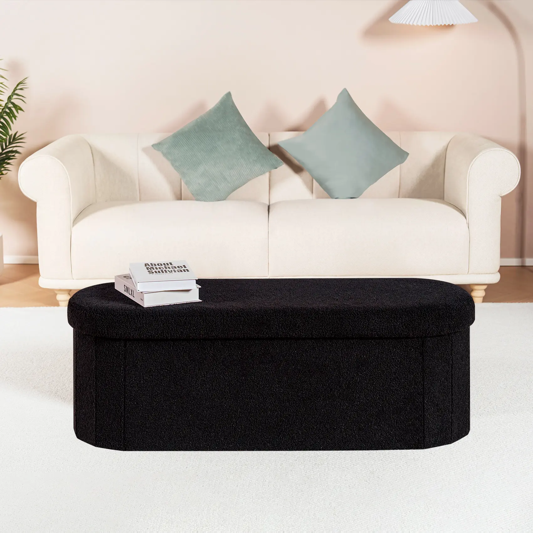 PINPLUS Storage Ottoman Bench Tufted Oval Ottoman Bench Foot Rest Velvet Bench with Storage 43" Black