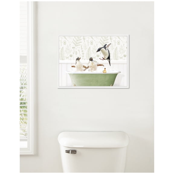 Kate and Laurel Penguins in Fern Bath Framed Canvas Wall Art by Amy Peterson 24 x 18 Sylvie White, Whimsical, Animals, Bathroom, Nature, Humor, Kids Art for Wall Decor, Living Room, Bedroom