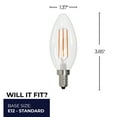 thumbnail image 3 of Bulbrite 861688 LED Filament 5 W Dimmable B11 Light Bulb with Clear Glass Finish & Candelabra E12 Base - 4000K Cool White Light, 500 Lumens, Pack of 4, 3 of 7