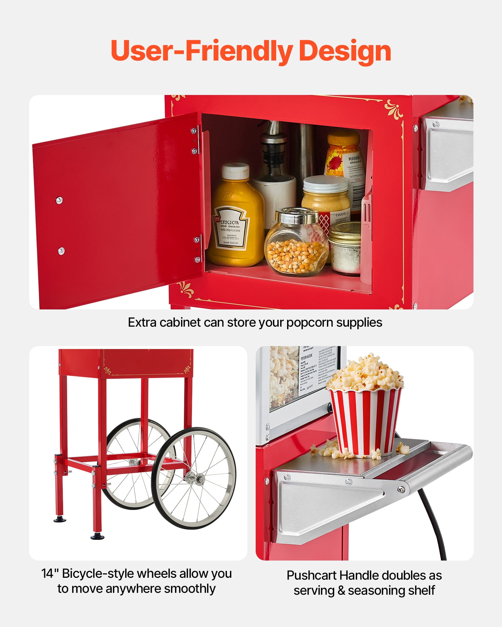 VEVOR Popcorn Machine with Cart, 8oz Stainless Steel Kettle, 800W Commercial Popcorn Maker, 48 Cups per Batch Theater Style Popper, with 2-Button Control Glass Wall PC Door 1 Scoop 3 Spoons, Red
