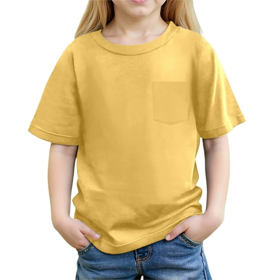 LIIPEE Girls T-Shirts Summer Casual Solid Color Round Neck Short Sleeve Tshirts With Pocket Infant Cozy Daily Tee Shirts,Yellow,11-12 Years