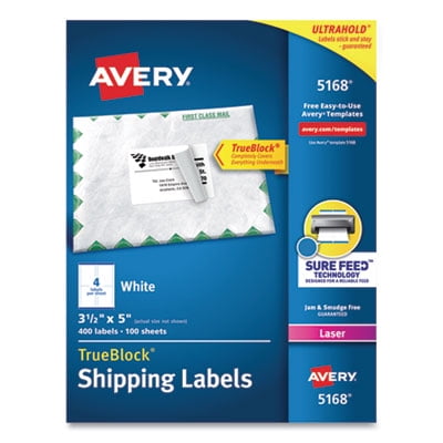 Avery Shipping Labels w/ TrueBlock Technology, Laser Printers, 3.5 x 5, White, 4/Sheet, 100 Sheets/Box (5168)