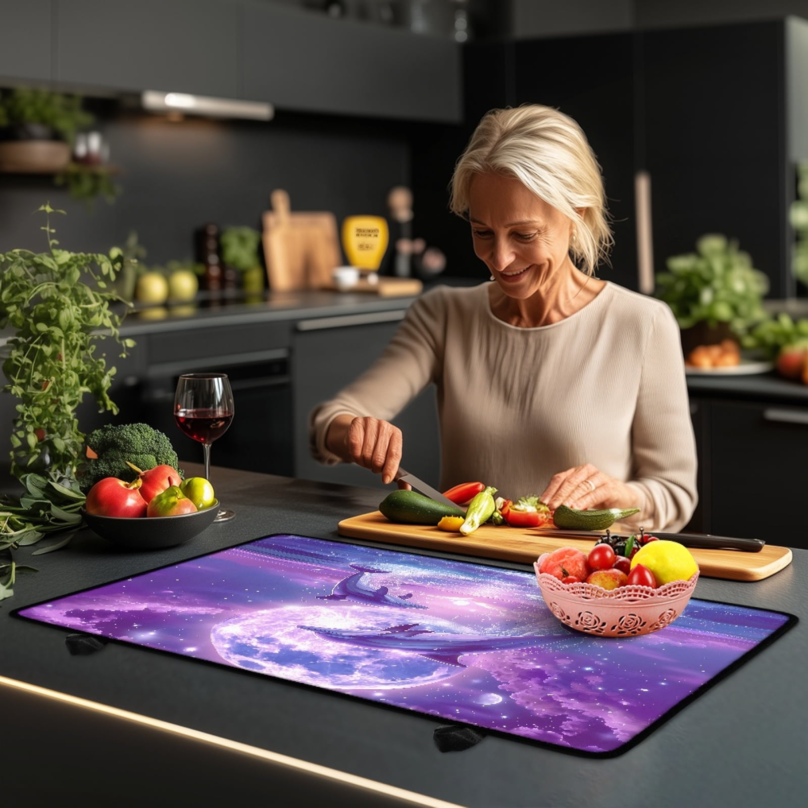 Xoenoiee Dolphin Moon Cloud Print Stove Top Cover for Electric Stove, Silicone Stove Mat for Glass Top Stove, Glass Cooktop Protector Dish Drying Mats Range Covers for Electric Stover
