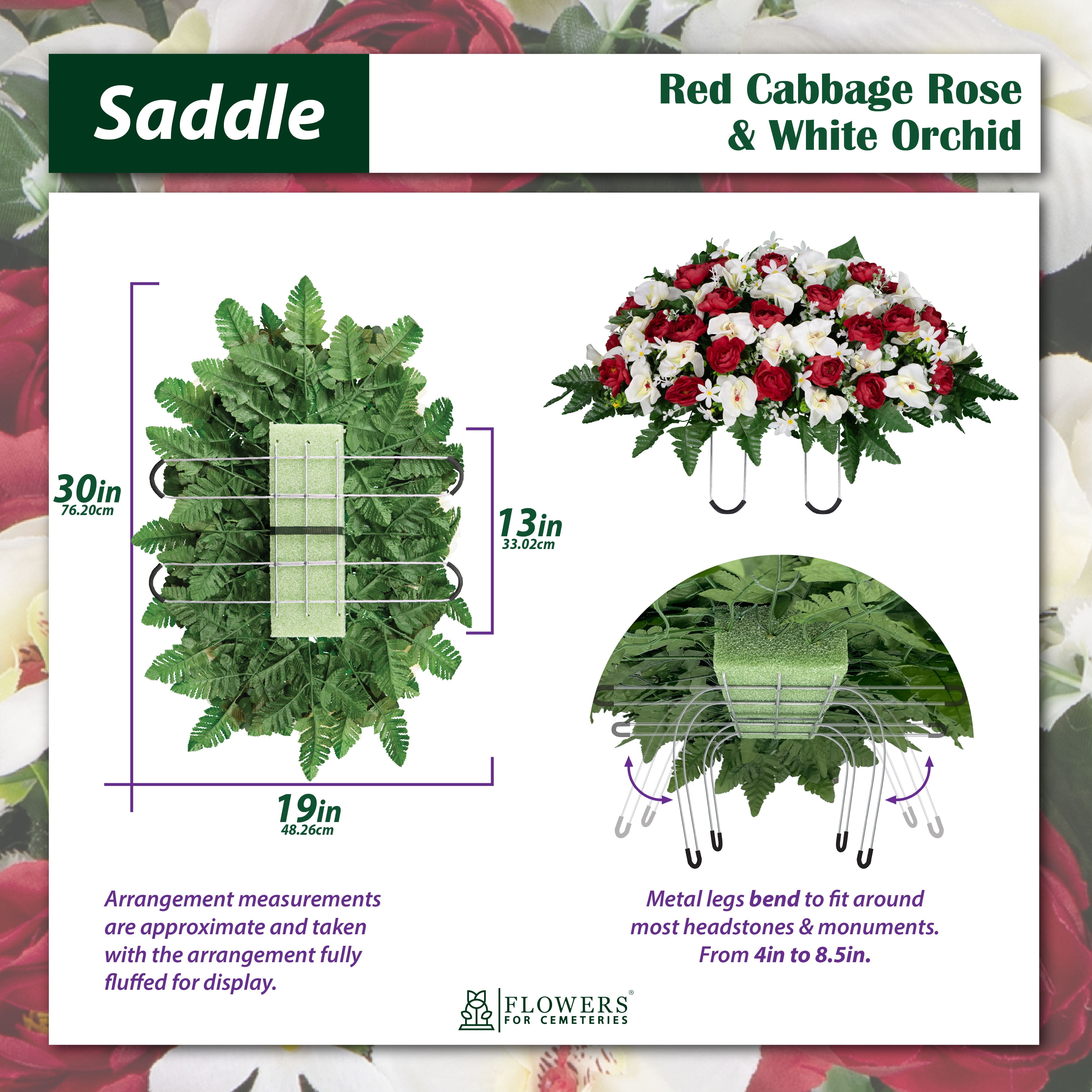 Sympathy Silks Artificial Cemetery Flowers - Red Cabbage Rose and White Orchid - Saddle for Headstone