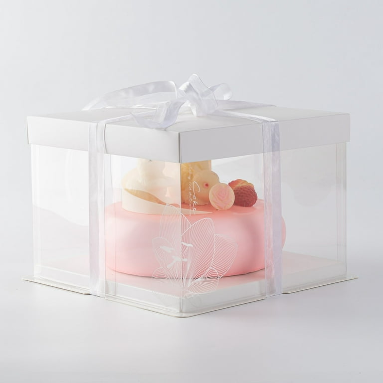 Sweet Vision Square Clear Plastic Cake Box - White Lid and White Base, Gray  Ribbon - 10'' x 10'' x 8 1/4'' - 10 count box