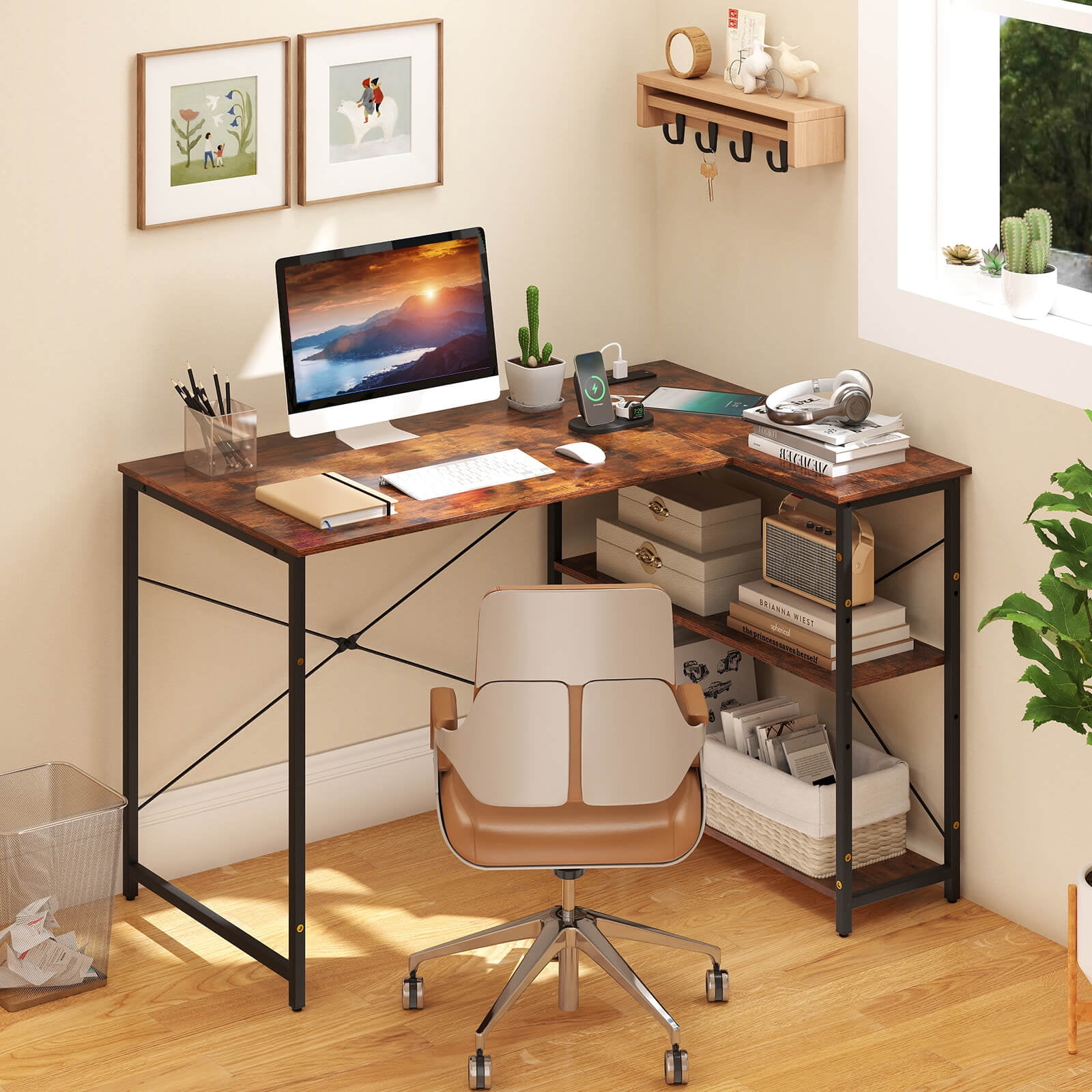Costway L-Shaped Computer Desk with Power Outlets Adjustable shelf Heavy-Duty Metal Frame Brown