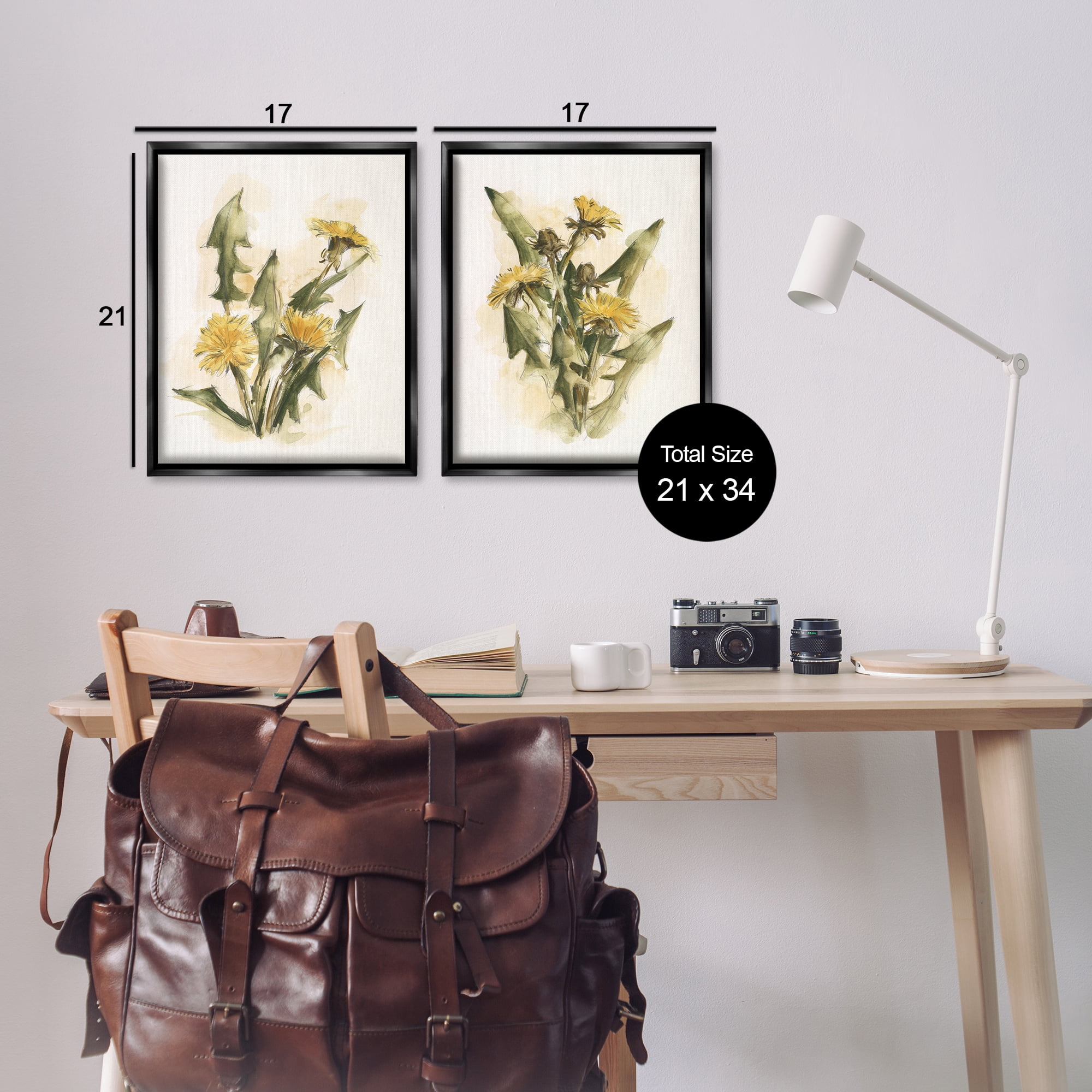 Stupell Industries Dandelion Watercolor Sketch Plants & Flowers Painting Black Floater Framed Canvas Art Print Wall Art, 17 x 21, Set of 2