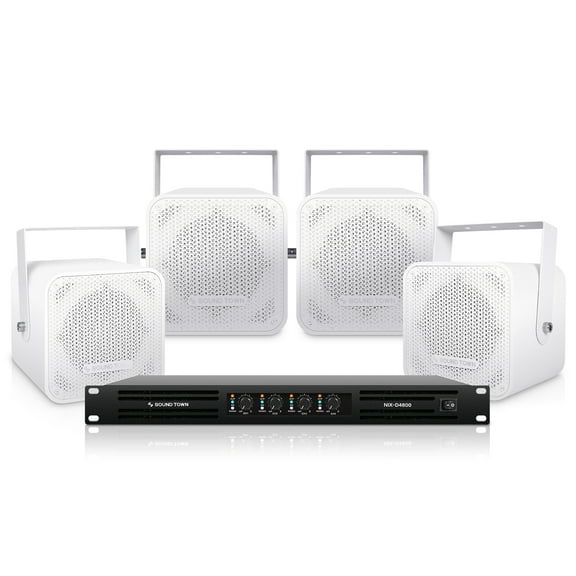 Sound Town Installation Speaker System with 4 x 5” Coaxial White Loudspeakers and 1 x 4-Channel 6000W Peak Output Professional Power Amplifier for Restaurants, Lounges, Bars, Schools, Churches