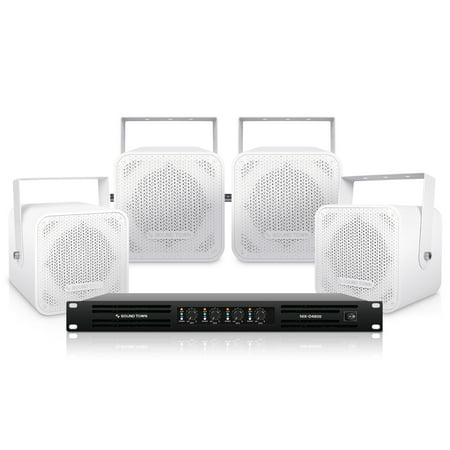 Sound Town Installation Speaker System with 4 x 5” Coaxial White Loudspeakers and 1 x 4-Channel 6000W Peak Output Professional Power Amplifier for Restaurants Lounges Bars Schools Churches