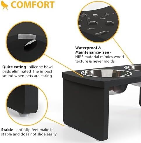 Elevated Dog Bowls, Waterproof Raised Dog Bowl for Medium Dogs, HIPS Poly Lumber Stand with 2 Stainless Steel Bowls, Indoor & Outdoor Use (7'' Tall-40 oz Bowl, Black)