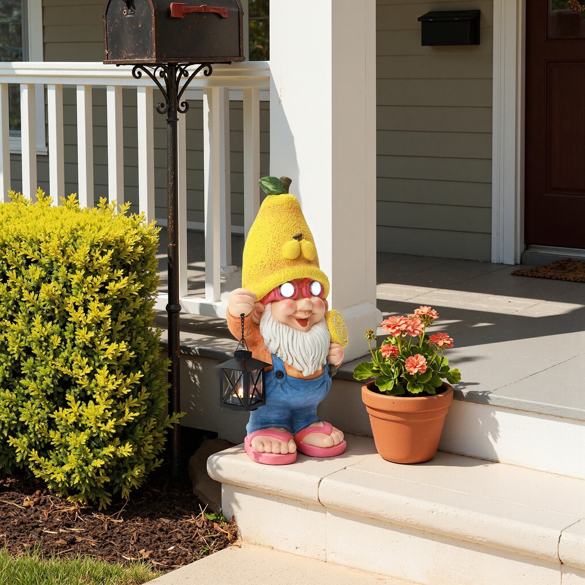 LuxenHome 18" Solar Powered Garden Gnome Outdoor Statue with Lantern, Lemon Hat Gnome Sculpture for, Lawn, Garden