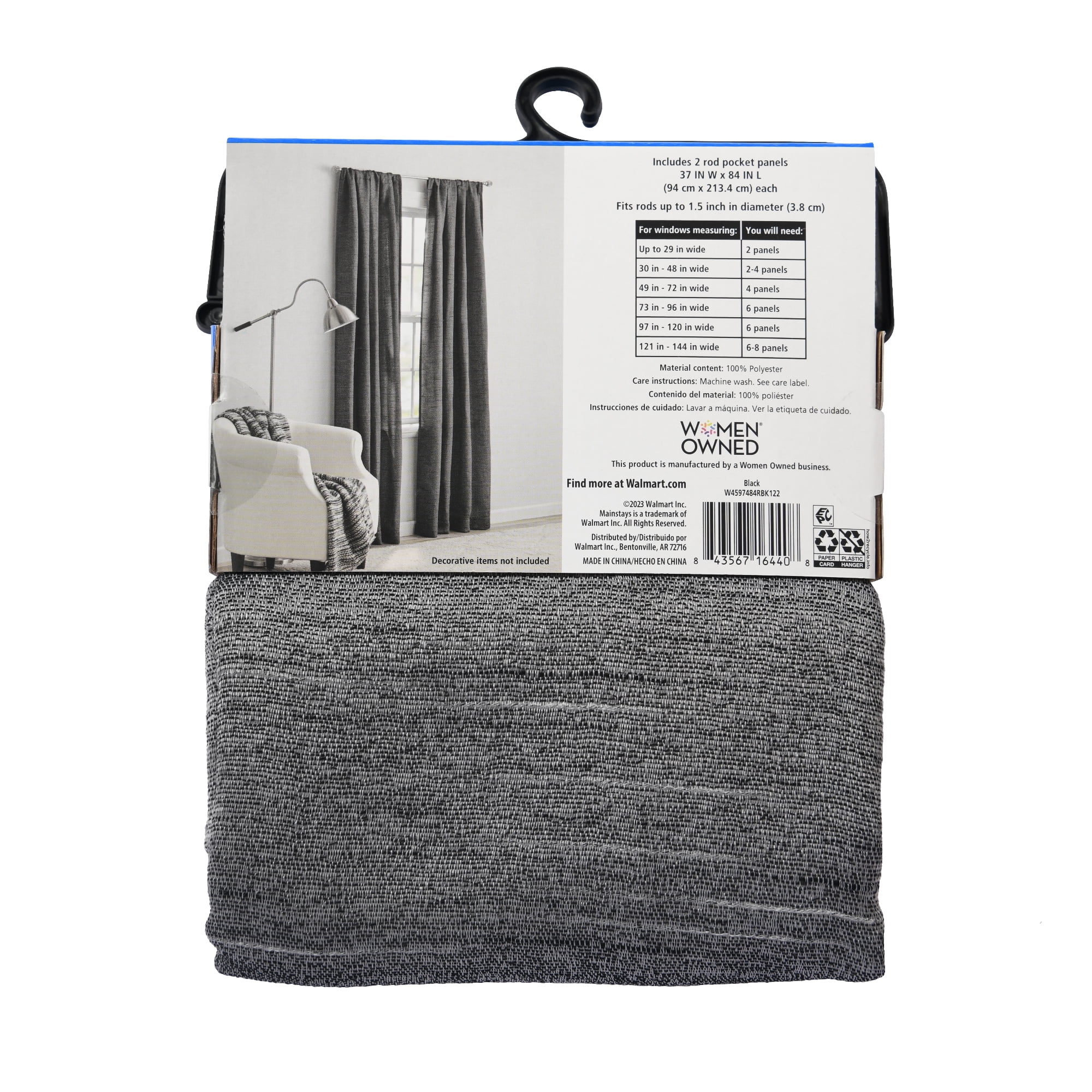 Mainstays Como Textured Light Filtering Indoor Indoor Curtain Panel Pair, Set of 2, 37” W x 84”L, Black
