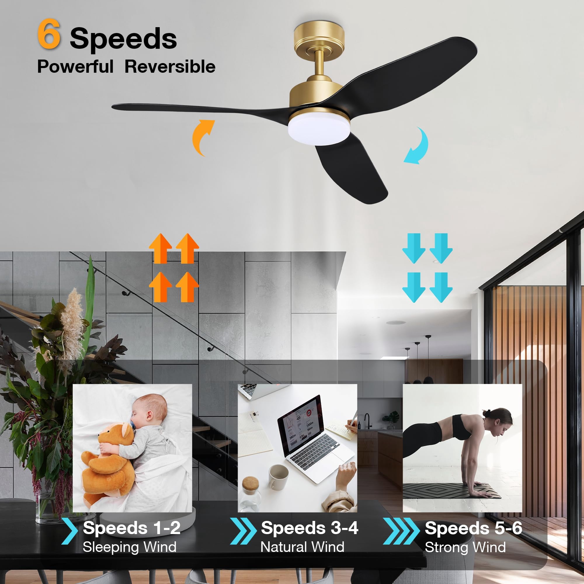 48 Inch Smart Ceiling Fans with LED Lights Remote,Quiet DC Motor,Dimmable,Outdoor Indoor Gold Black Ceiling Fan Controlled by WIFI Alexa App,for Modern Bedroom Living Room Patio Porch