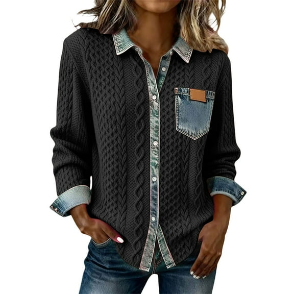 Womens Long Sleeve Shirts Denim Collar Button Up Patchwork Knit Casual Wear Tops for Women Trendy Black L