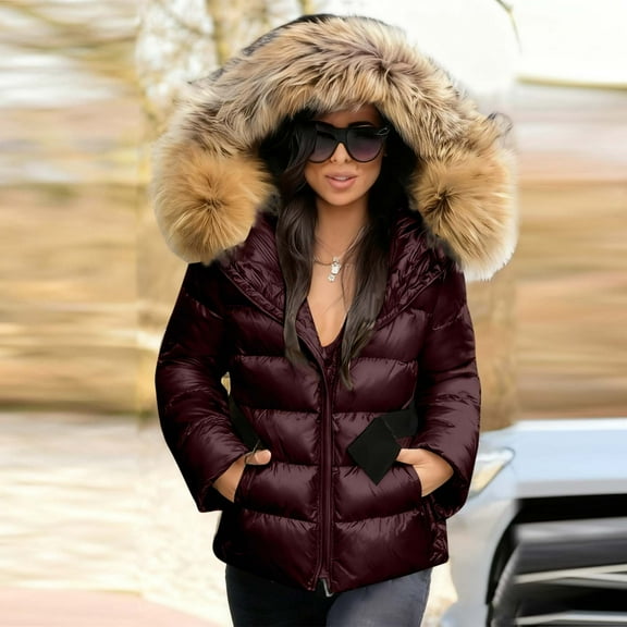 AUNVITO Women's Winter Down Jacket Imitation Raccoon Collar Belted Short Coat Casual and Fashionable Winter Style