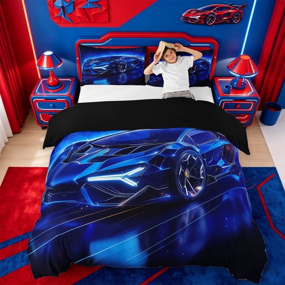 meiyoeat Blue Racing Car Bedding For Boys Kids,Outdoor Extreme Sports Duvet Cover Full For Speed Games Lovers,Black Reversible,3pcs(No Comforter)