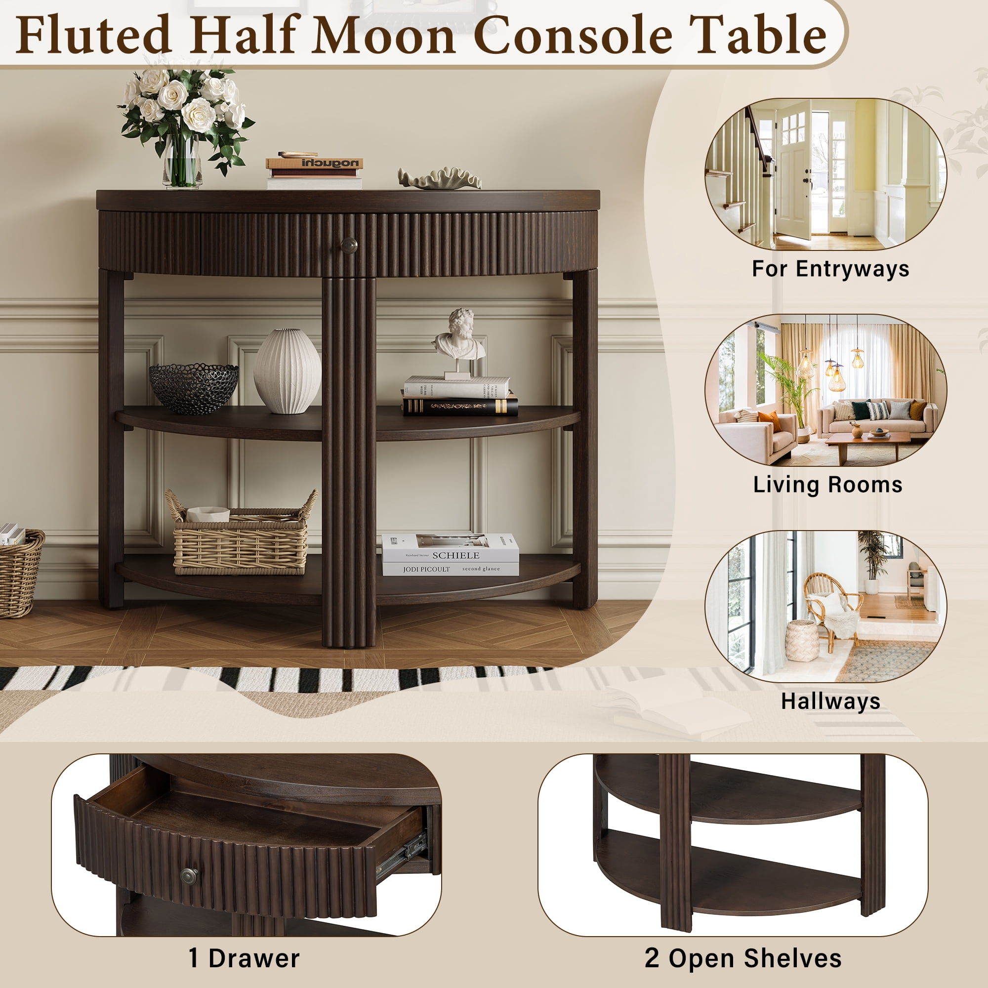Fluted Half Moon Console Table with Drawer and 2 Shelves for Entryway, Living Room and Hallway (Espresso)