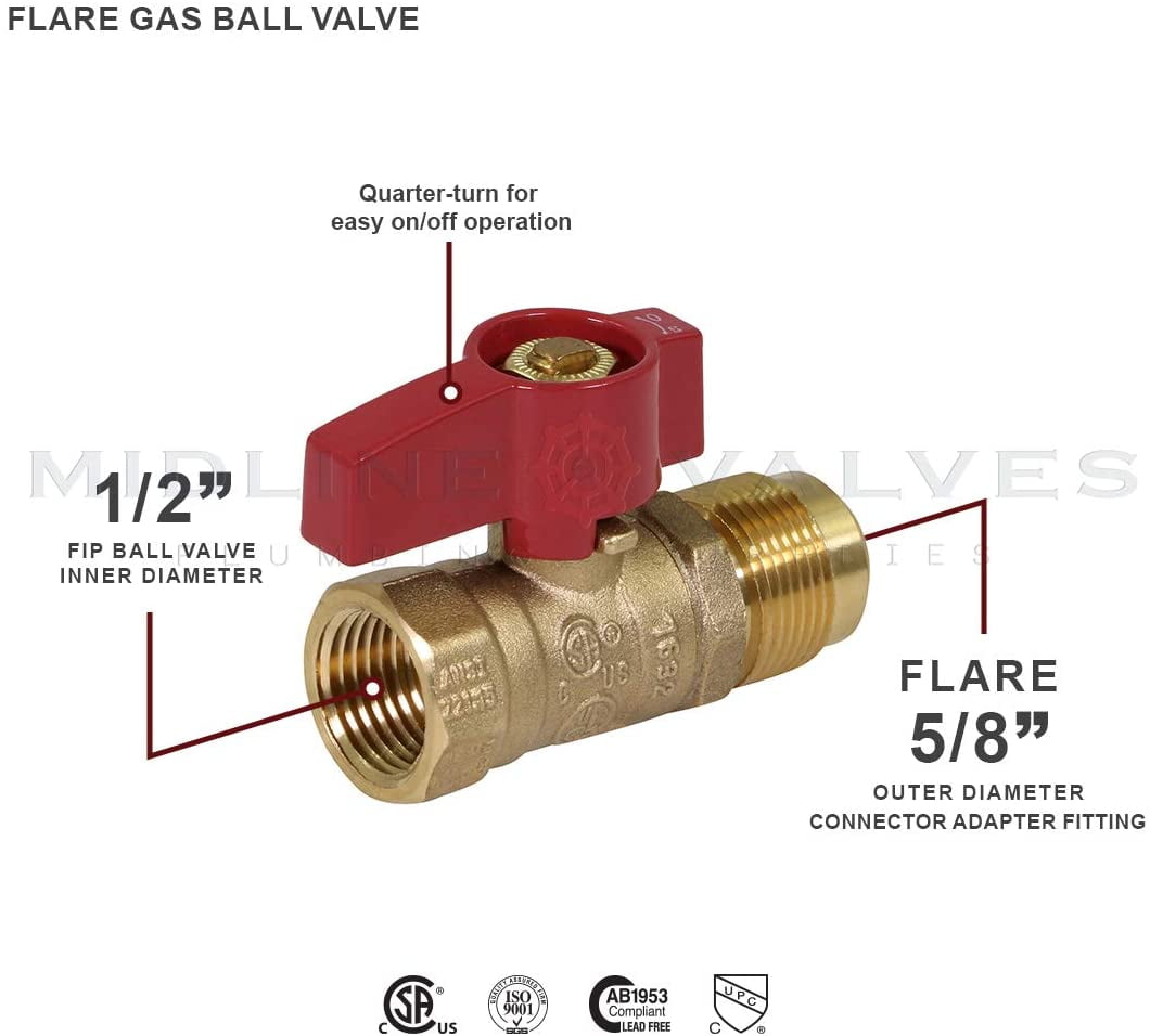 Midline Valve LxF1258GAS-5 Premium Brass Gas Ball Valve, with 5/8 in. x 1/2 in. Flare x FIP Connections (Pack of 5)