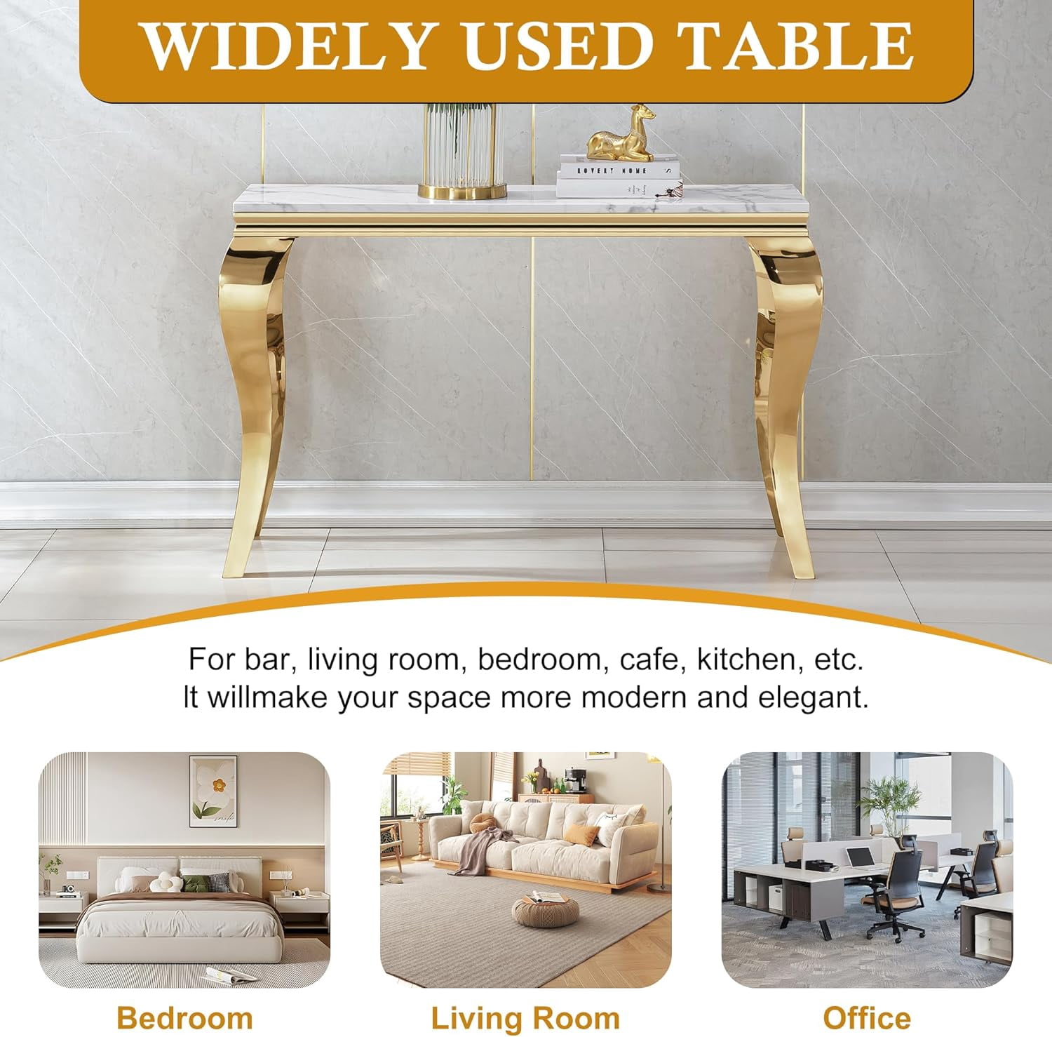 47" Modern Faux Marble Console Table, Rectangular Top & S-Shaped Stainless Steel Base, Narrow Entryway Table for Entrance, Hallway, Foyer, or Living Room