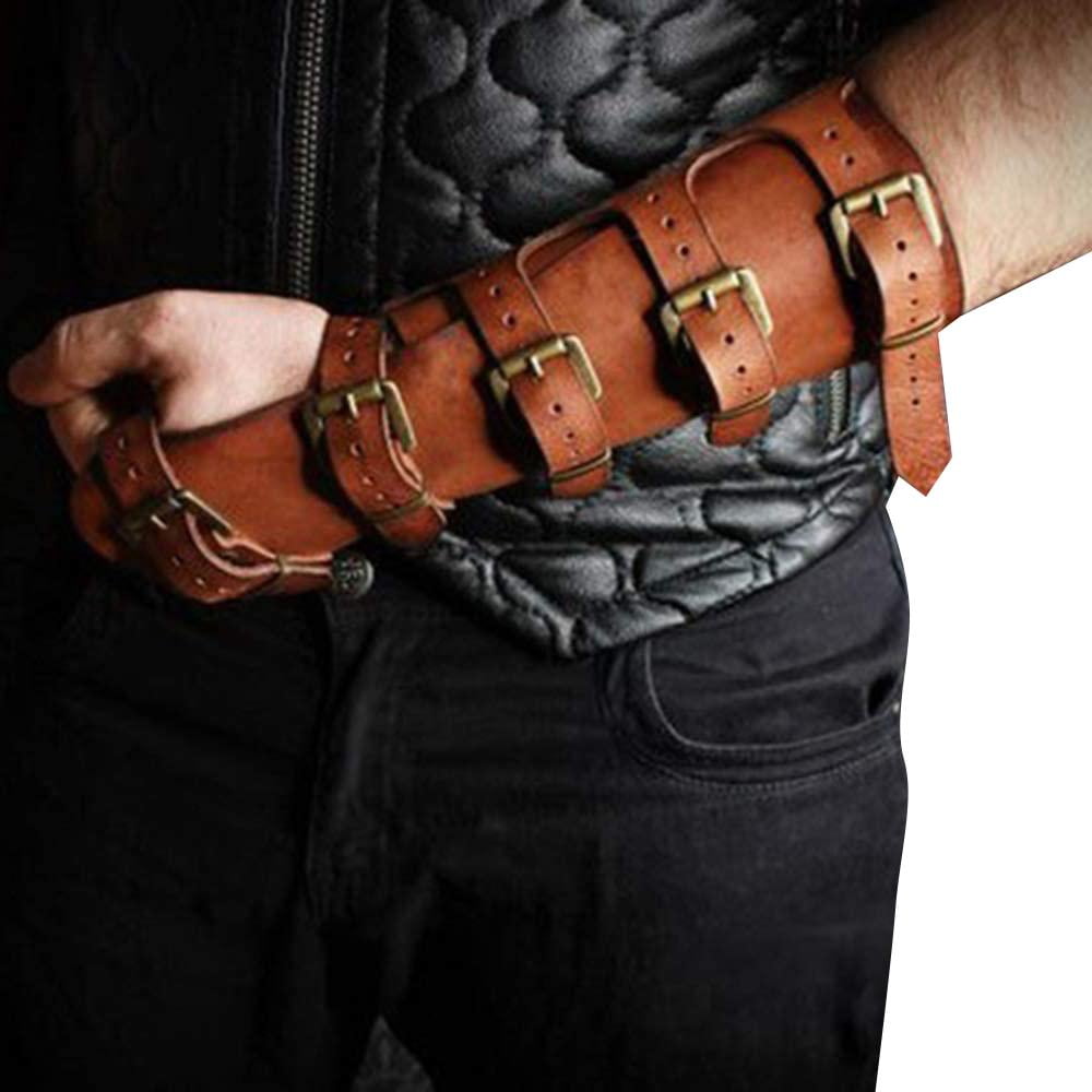 Brown Genuine Leather Triple Strap Wristband Buckle Arm Bracer cosplay steampunk 