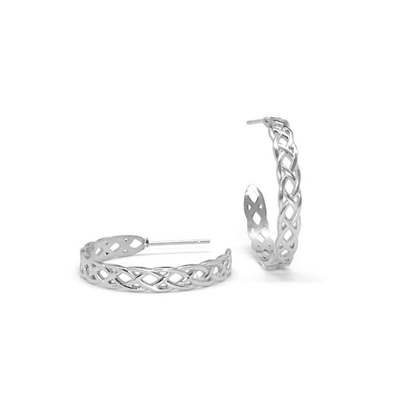 Stainless Steel Silver Braided Medium Circle Hoop Post Earrings for Women