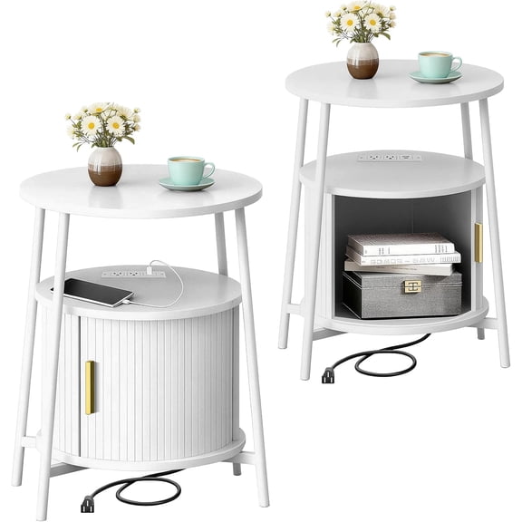 Set of 2 Round Fluted Accent Side Table with Charging Station and Sliding Door – Mid-Century Modern End Table, Compact Nightstand for Living Room, Bedroom, Sofa Couch, White