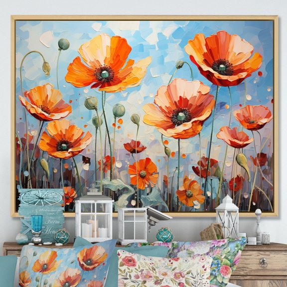 Designart "Orange Poppies Poppy happiness II" Floral Floater Framed Wall Art Print