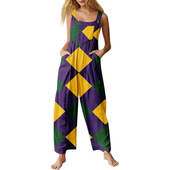 Summer Boho Overalls for Women 2025 Sleeveless Casual Long Pants Fashion Print Square Neck Wide Leg Loose Straight Leg Rompers Jumpers with Pockets