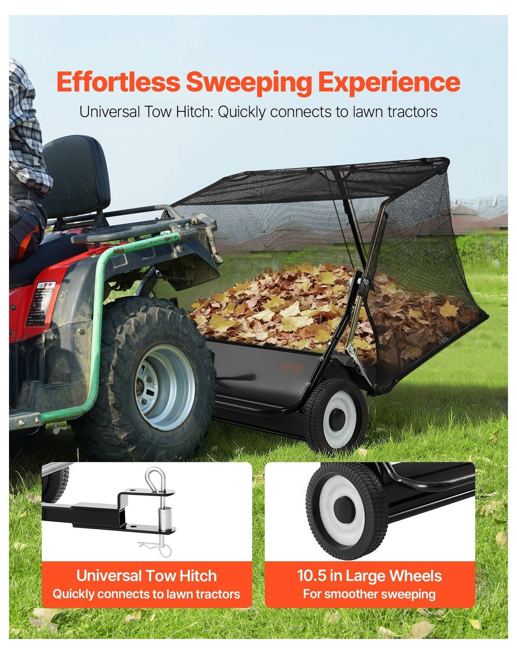 Tow Behind Lawn Sweeper 48 Inch - 20 cu.ft Hopper Bag Leaf & Grass Collector, Adjustable Height Garden Sweeper for Tractor, Yard Clean Up